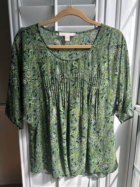 Michael Kors Green Paisley Pleated Scoop-Neck Blouse